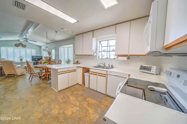 kitchen with white appliances, kitchen peninsula, light tile patterned flooring, white cabinetry, and ceiling fan