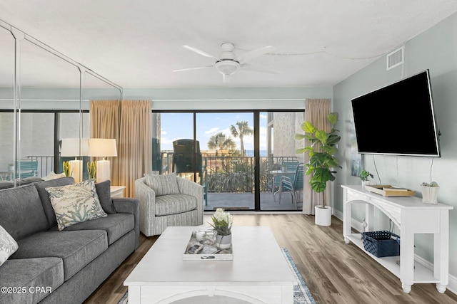 living room with ceiling fan and wood-type flooring