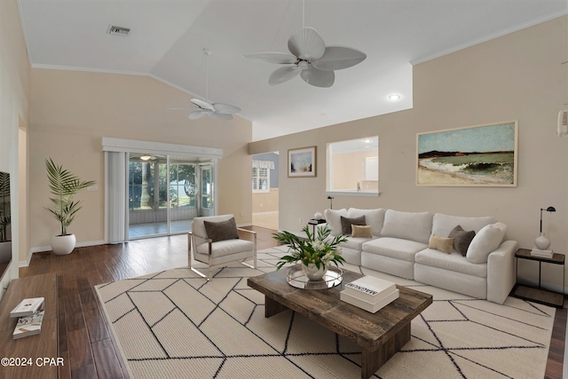 living room featuring hardwood / wood-style floors, ceiling fan, high vaulted ceiling, and ornamental molding