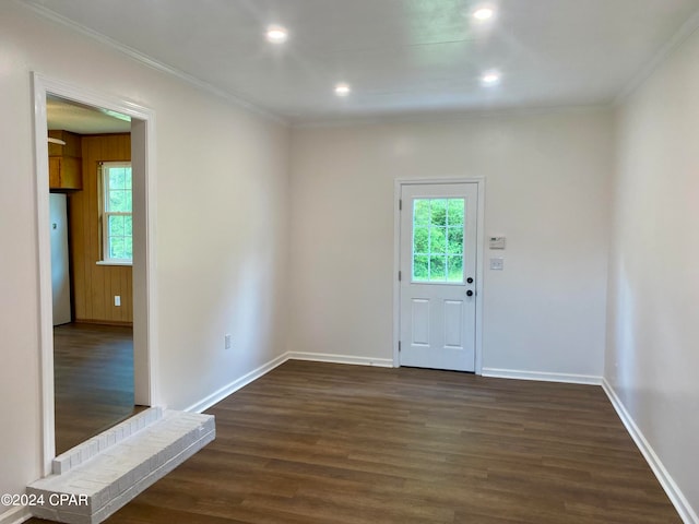 interior space with dark hardwood / wood-style flooring and crown molding