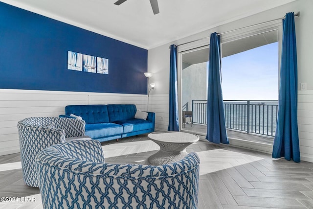 16701 Front Beach Rd Unit 703, Panama City Beach, FL 32413 - living room featuring light parquet floors, crown molding, and ceiling fan