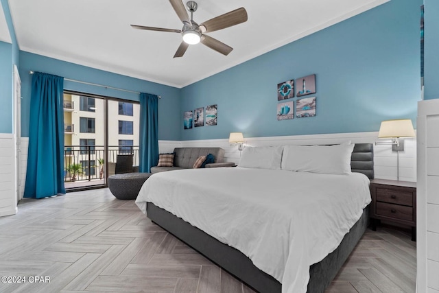 bedroom featuring access to exterior, ceiling fan, and light parquet flooring