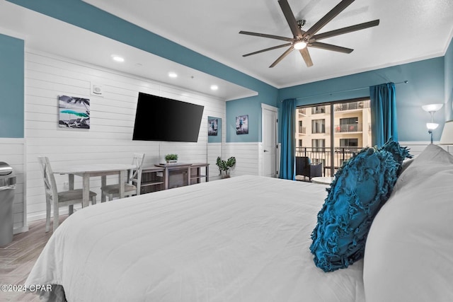 bedroom featuring ceiling fan, access to exterior, and crown molding