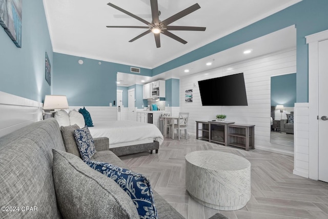 bedroom featuring ceiling fan and light parquet flooring