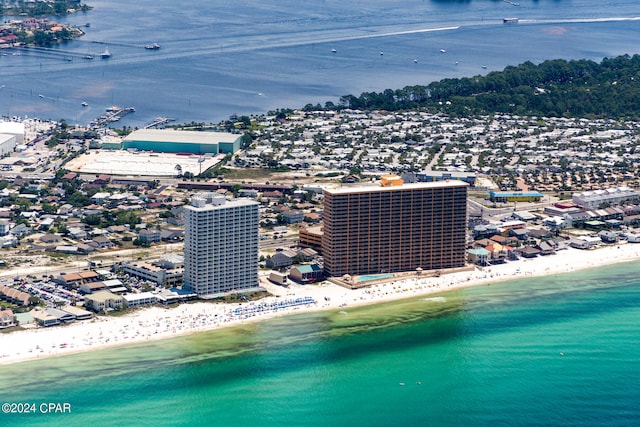 aerial view featuring a beach view and a water view