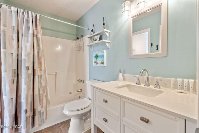 full bathroom with toilet, shower / bath combo, tile patterned flooring, a textured ceiling, and vanity