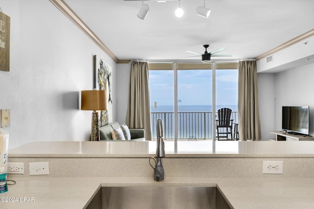 kitchen featuring floor to ceiling windows, rail lighting, sink, ceiling fan, and ornamental molding