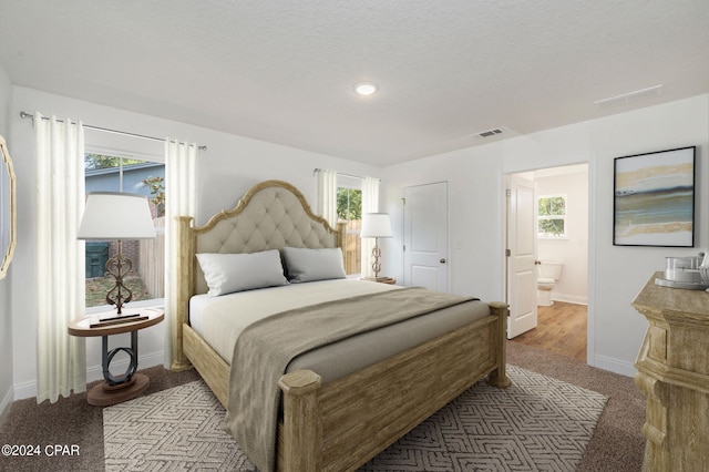 carpeted bedroom with ensuite bathroom, a textured ceiling, and multiple windows