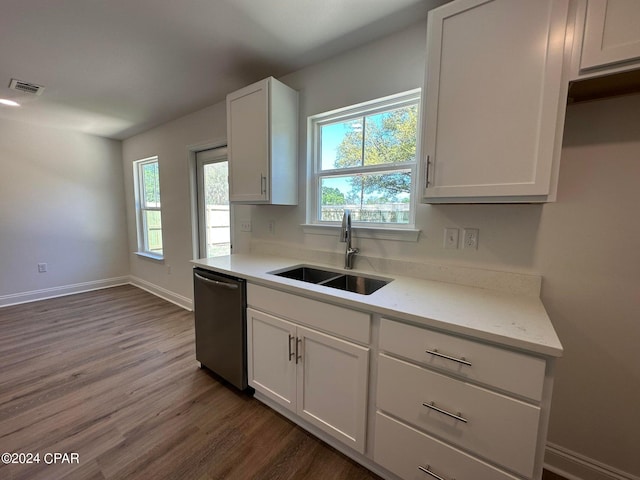 kitchen with dark wood-type flooring, sink, stainless steel dishwasher, light stone counters, and white cabinetry