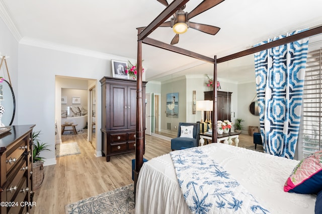 bedroom featuring light wood-type flooring, ceiling fan, and ornamental molding