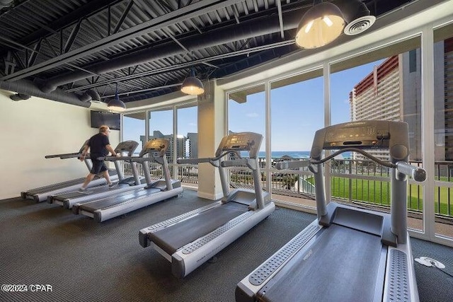 exercise room featuring expansive windows