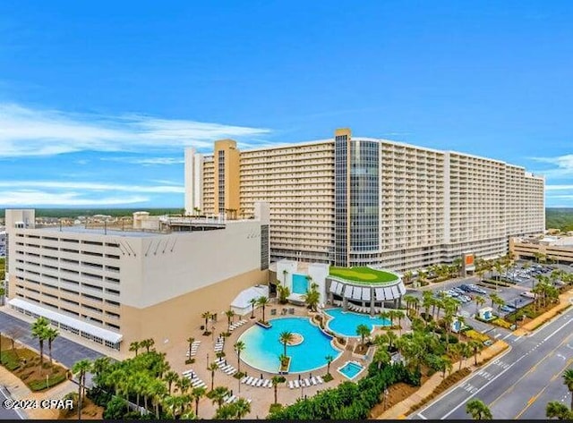 view of building exterior with a city view