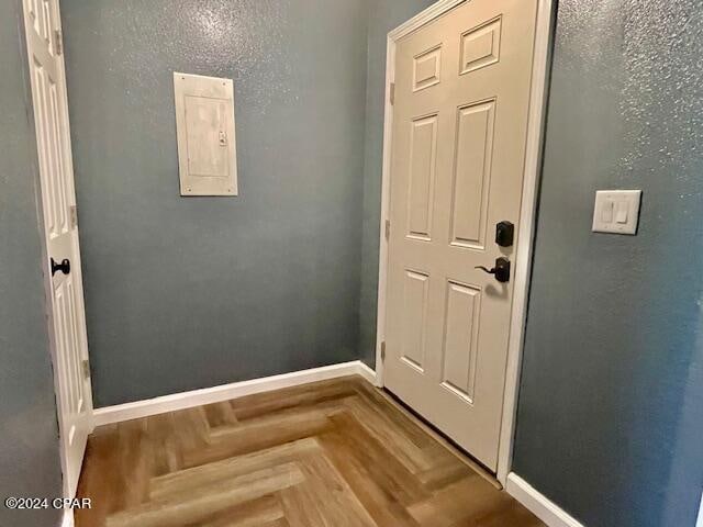 entryway with parquet flooring