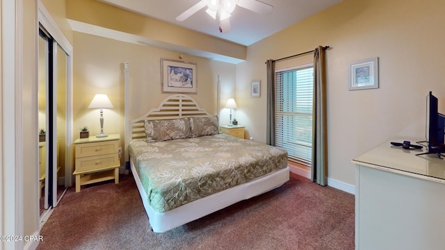 carpeted bedroom featuring ceiling fan and a closet