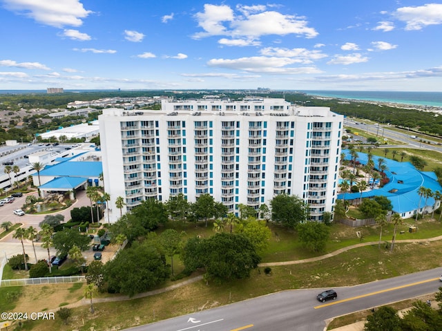 bird's eye view with a water view