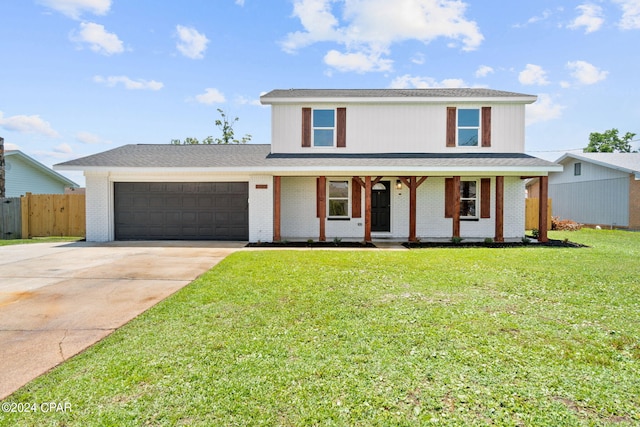 view of front property featuring a front lawn, a porch, and a garage