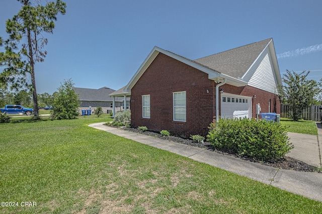 view of property exterior featuring brick siding, fence, roof with shingles, a yard, and a garage