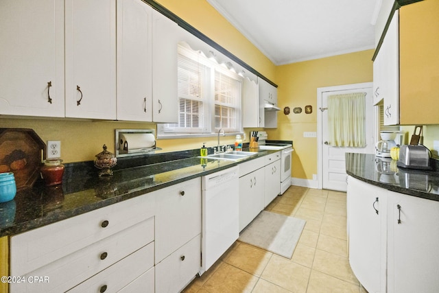 kitchen featuring white appliances, sink, crown molding, light tile patterned floors, and white cabinetry