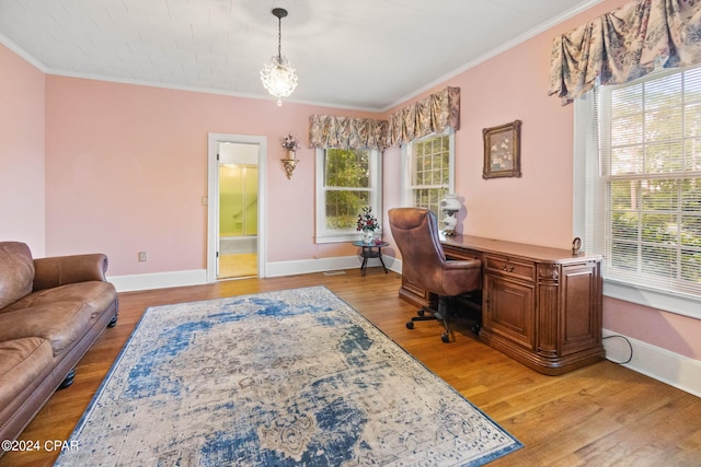 703 N Waukesha St, Bonifay, FL 32425 - office area with light wood-style flooring, crown molding, and baseboards