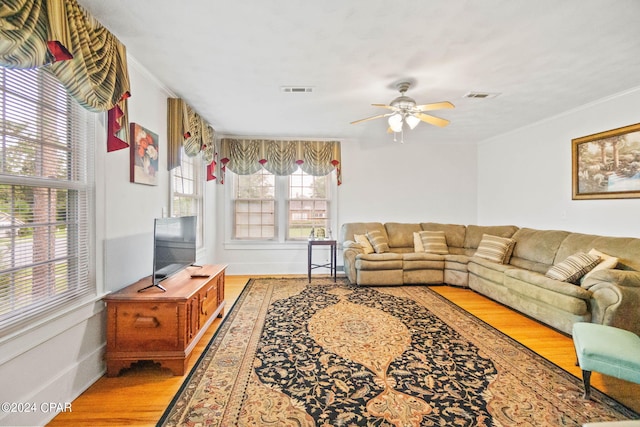 living room with ceiling fan, light wood-type flooring, and ornamental molding