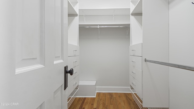 walk in closet with dark hardwood / wood-style flooring