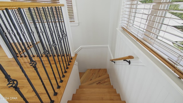 stairway with hardwood / wood-style flooring