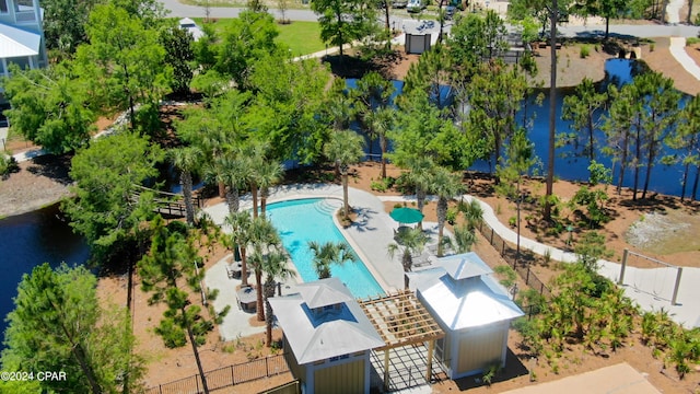 birds eye view of property featuring a water view