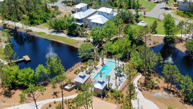 bird's eye view with a water view