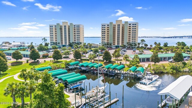 drone / aerial view featuring a water view