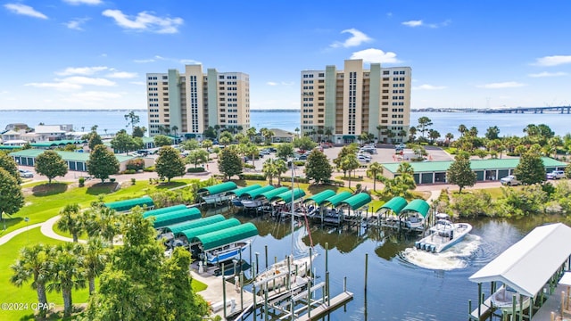 aerial view featuring a water view