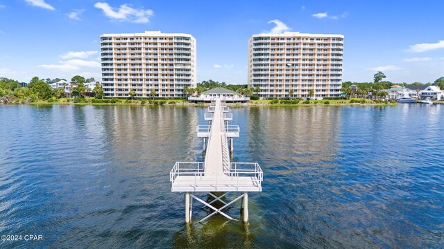 view of dock with a water view