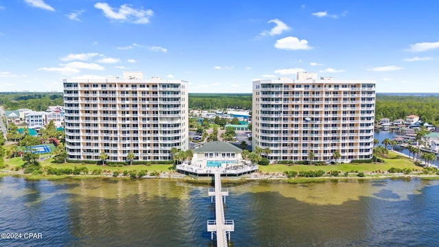 birds eye view of property featuring a water view