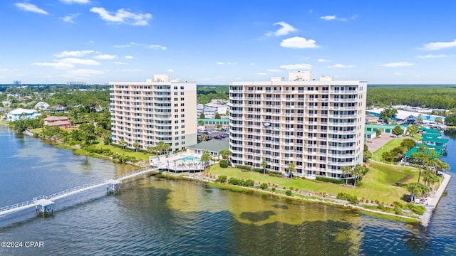 drone / aerial view featuring a water view