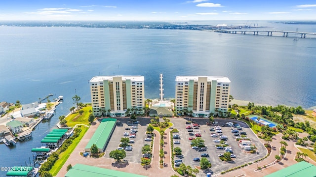 drone / aerial view with a water view