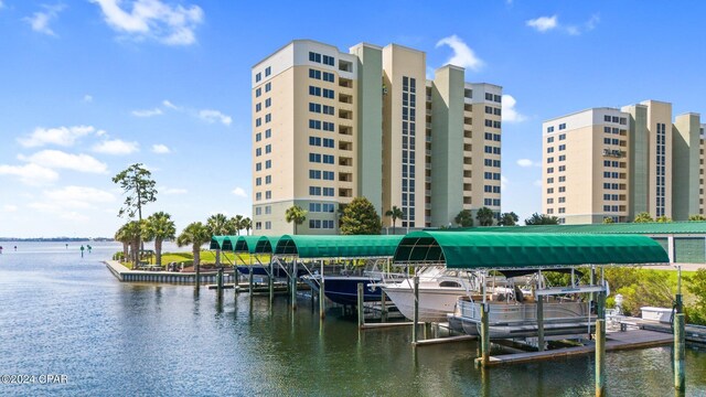 exterior space with a water view