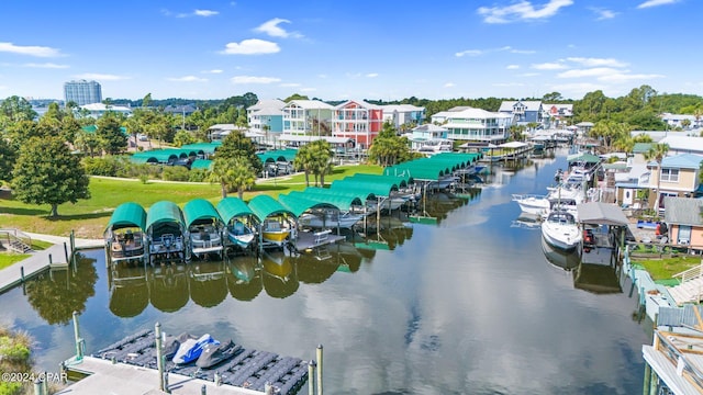 bird's eye view with a water view