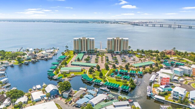 birds eye view of property featuring a water view