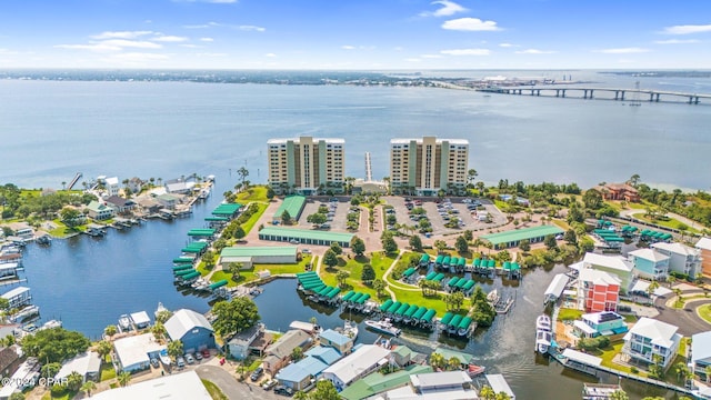 drone / aerial view with a water view