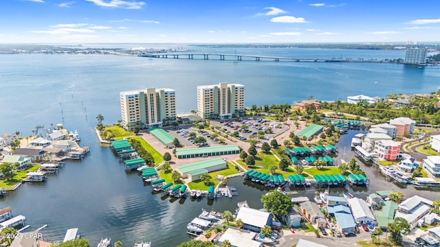 bird's eye view with a water view