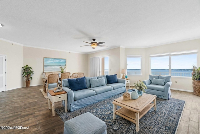 living area featuring crown molding, a textured ceiling, baseboards, and wood finished floors