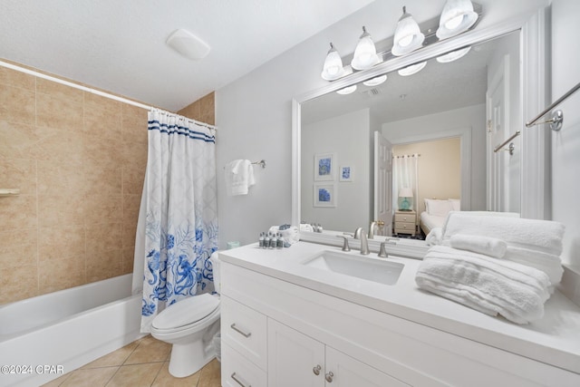 full bathroom featuring tile patterned flooring, vanity, toilet, and shower / bathtub combination with curtain