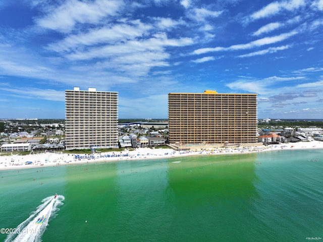 aerial view with a view of the beach and a water view