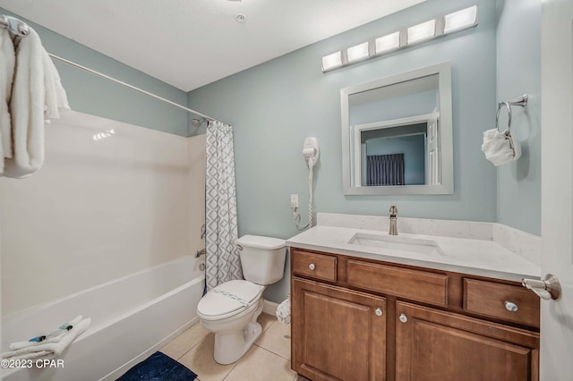 full bathroom with vanity, toilet, tile patterned flooring, and shower / bath combo with shower curtain