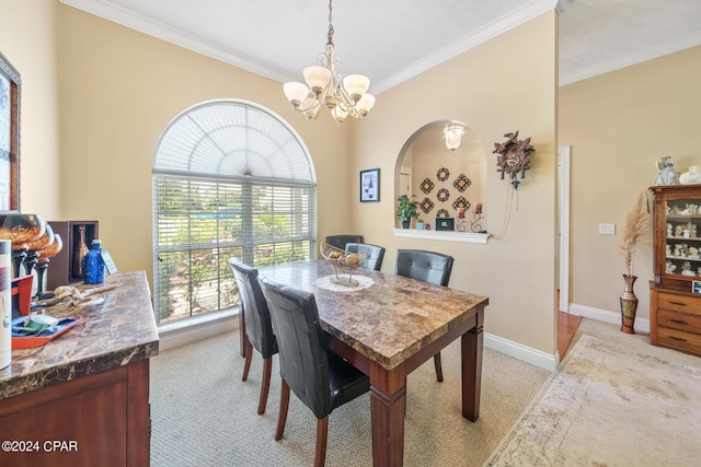 carpeted dining area with crown molding and a notable chandelier