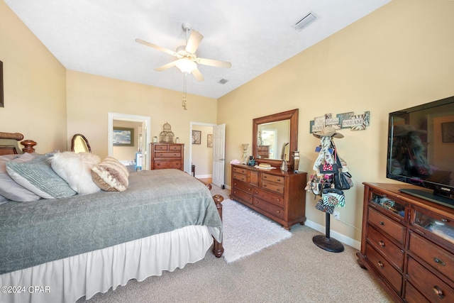 bedroom with light carpet, baseboards, visible vents, and ceiling fan