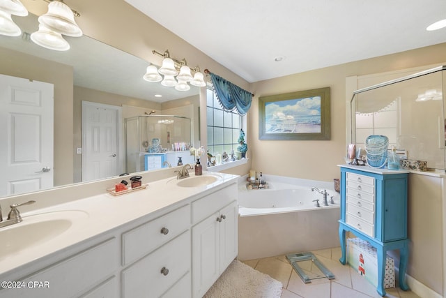 bathroom featuring tile patterned flooring, vanity, and independent shower and bath