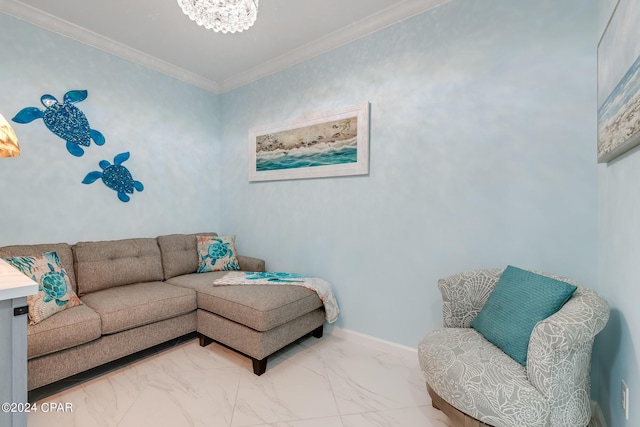 living room with crown molding and a chandelier