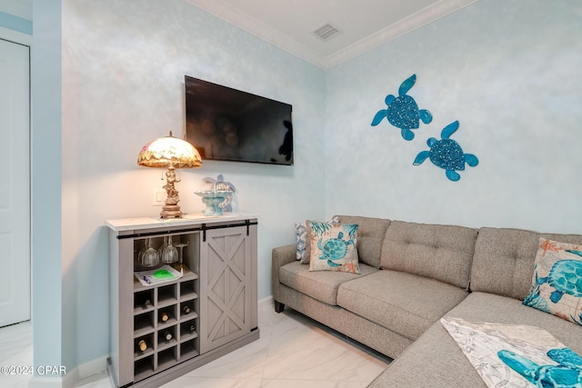 living room with ornamental molding