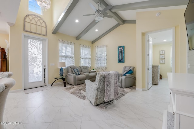 living room featuring ceiling fan, high vaulted ceiling, a healthy amount of sunlight, and beam ceiling