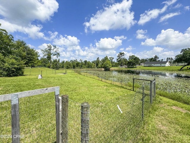 view of yard with a water view and a rural view